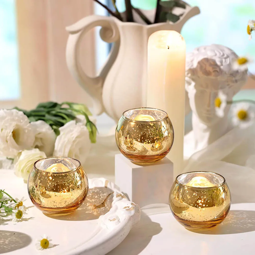 Round Gold Votive Candle Holders, Mercury Glass Candle Holder