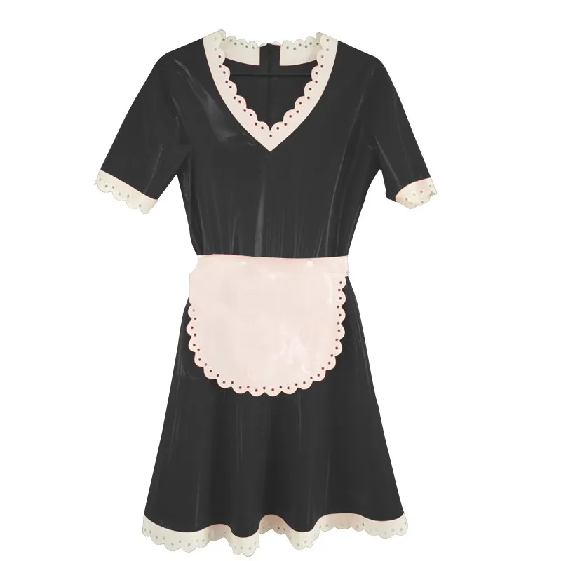 

New Latex Natural Rubber Woman Maid Dress Apron Pleated Sexy Erotic Skirts One Piece Customize color Size XXS-XXL