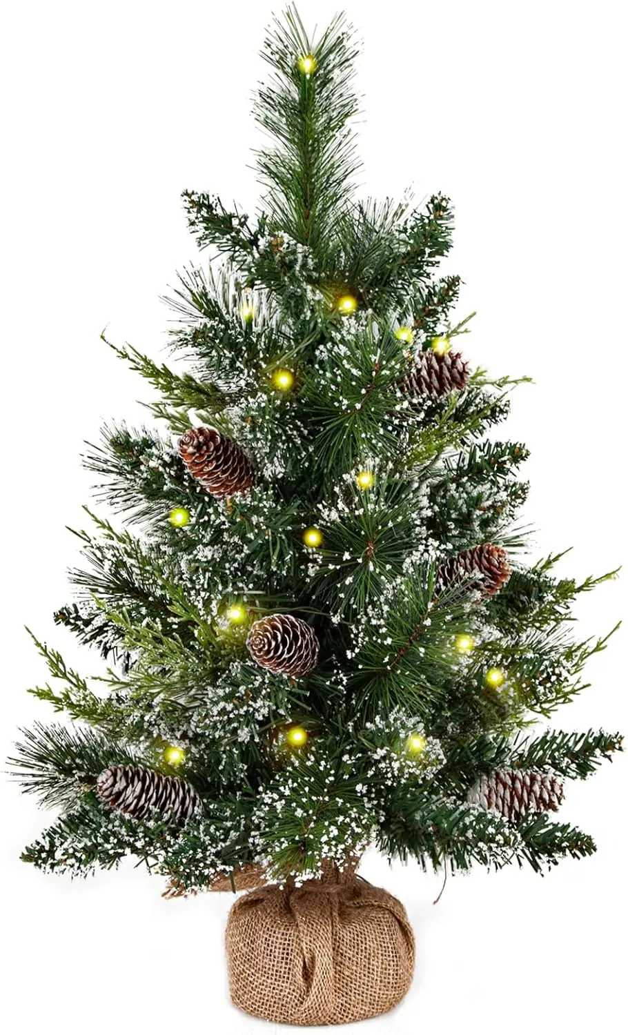 

deeinglif 2ft Mini Christmas Tree with LED Lights, Pine & Cones, Tabletop Decor with Cloth Bag Base
