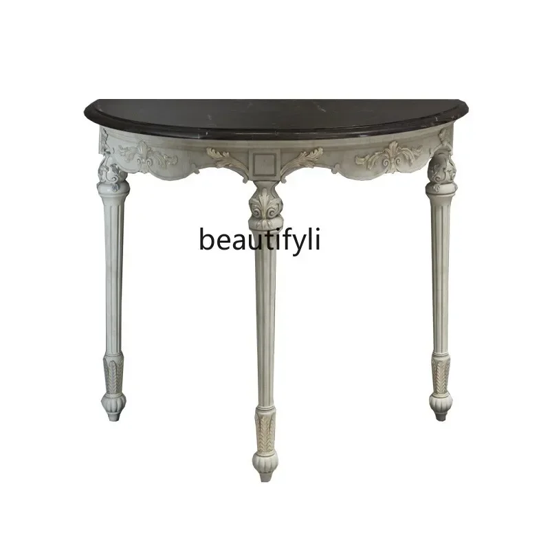 

cqyAmerican French entrance cabinet solid wood carving flower old entrance table European living room semicircular wall table