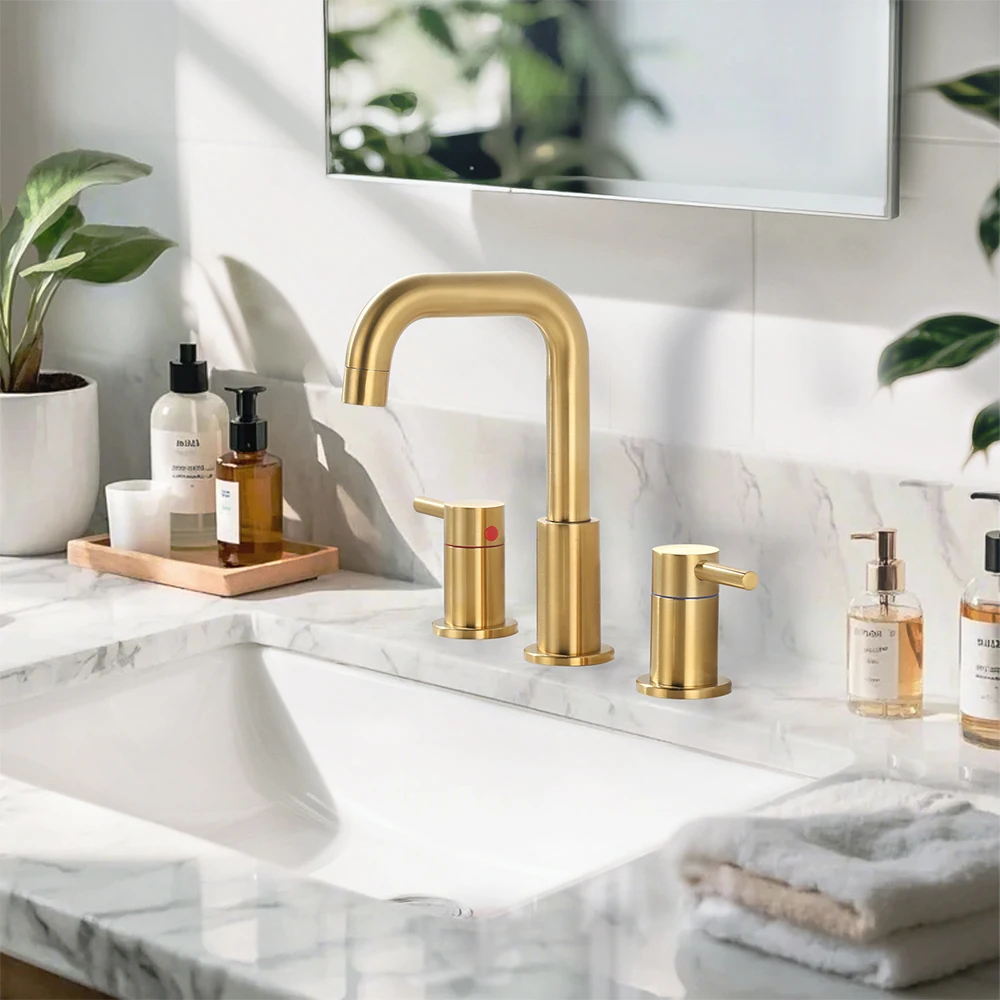 Brushed Brass Gold Bathroom Faucet with Drain and cUPC Supply Lines,2 Handle 3 Hole 8 Inch Widespread Vanity Sink Faucet