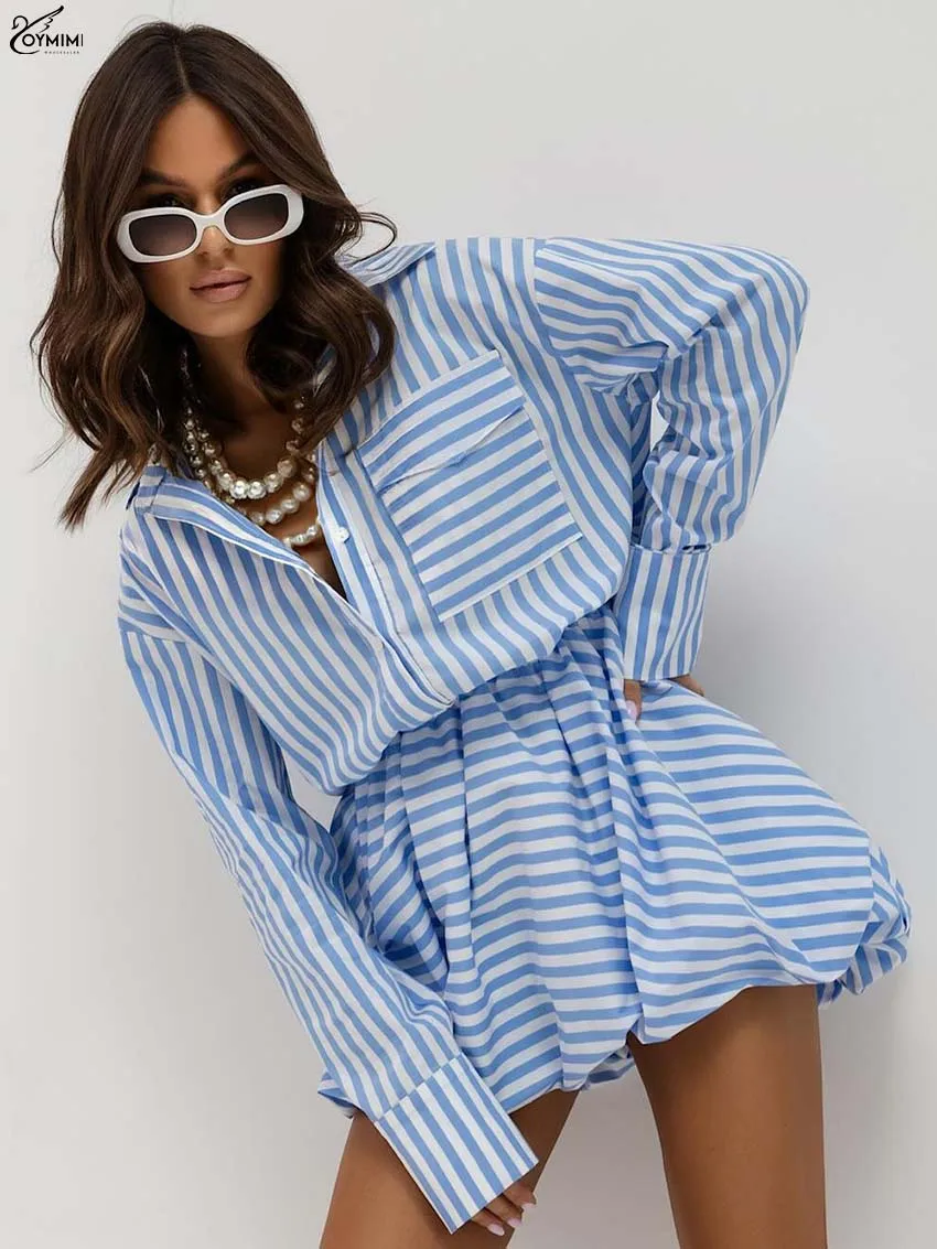 

Oymimi Fashion Blue Print Women's Two Pieces Set Elegant Long Sleeve Pockets Button Shirts + High Waist Pleated Mini Skirts Sets