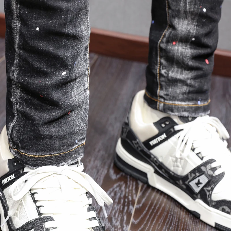 Street Fashion Men Jeans Retro Black Gray Stretch Slim Fit Spliced Painted Ripped Jeans Men Pocket Designer Vintage Denim Pants