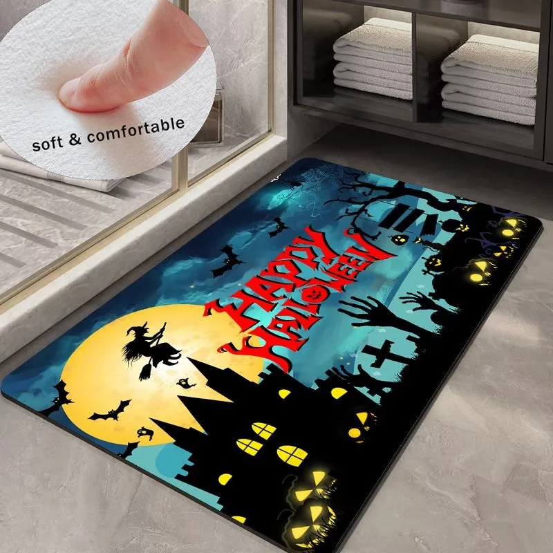 Halloween Decoration Entrance Doormat Anti-slip Pumpkin Bats Pattern Carpets Welcome Home Door Mats Bathroom Bedroom Doorway Rug