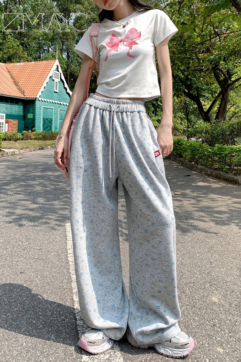 ZMAYC Women's New High Waist Loose Wide Leg Pants Broken Flowers Drawstring Casual Wide Leg Pants All-match Straight Trousers