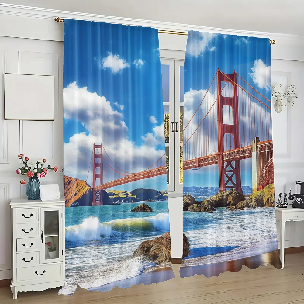 2Pcs Landscape Curtain San Francisco Golden Gate Bridge Rocky Sea Waterscape Scenic Coastline Vacation Suitable For Bedroom