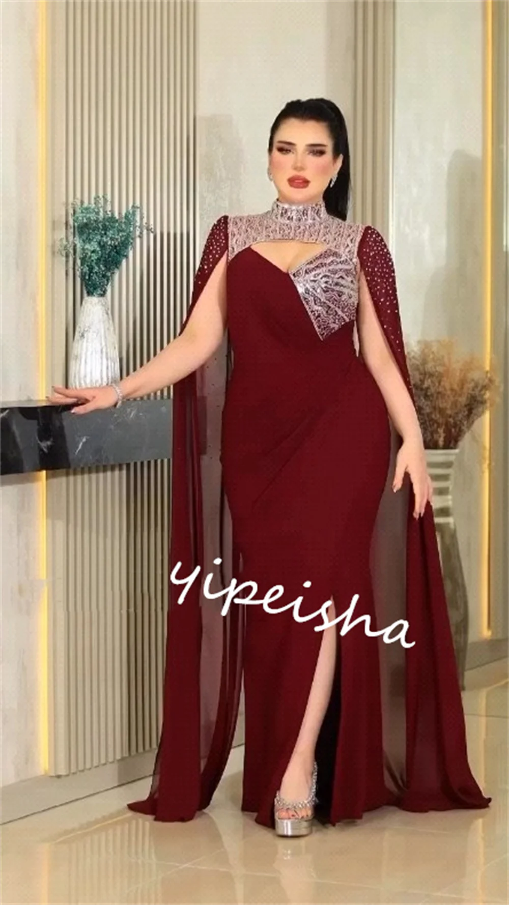 Gaun pesta manik-manik berpayet sifon gaun acara Bespoke kerah tinggi gaun Midi