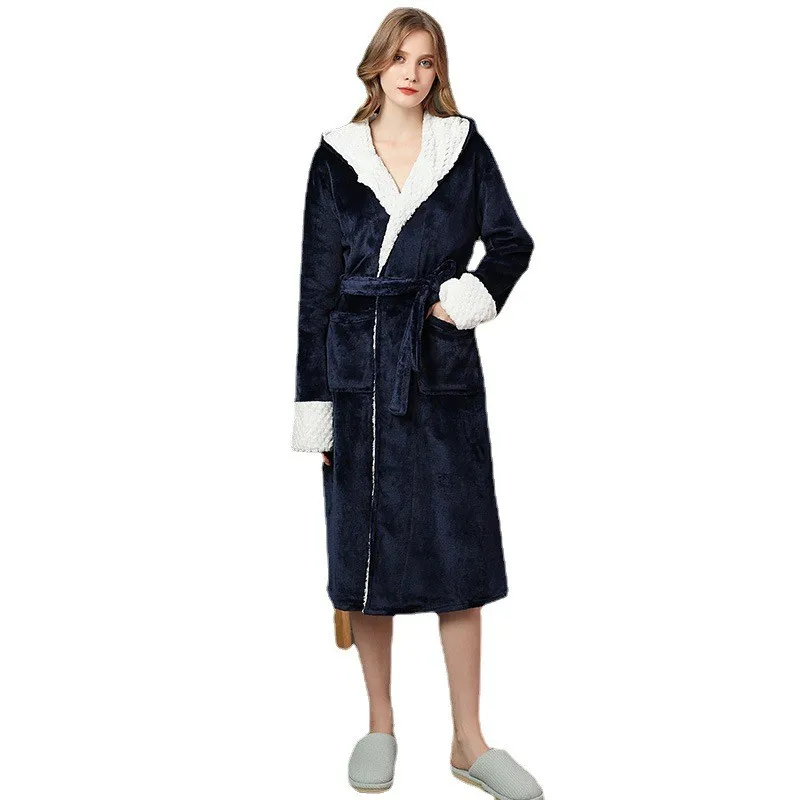 2022 New Nightgown Hooded Women Bathrobe Flannel Kimono Gown Soft Sleepwear Intimate Lingerie Loose Home Clothes Christmas Robe