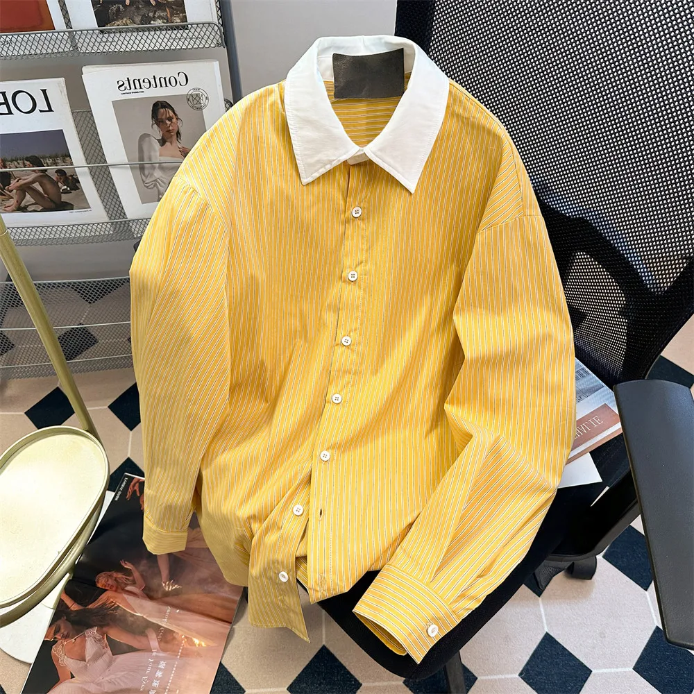 

Women's Yellow Striped Blouses and Shirts Korean Style Vintage 2000s Elegant Y2k Long Sleeve Polo-Neck Shirt Clothes 2026 Spring
