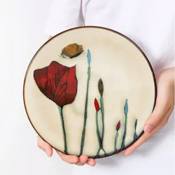 1Pcs Personality Plant Flower Round Ceramic Plate Breakfast Steak Salad Dessert Cake Sushi Home Kitchen Storage Decoration Plate