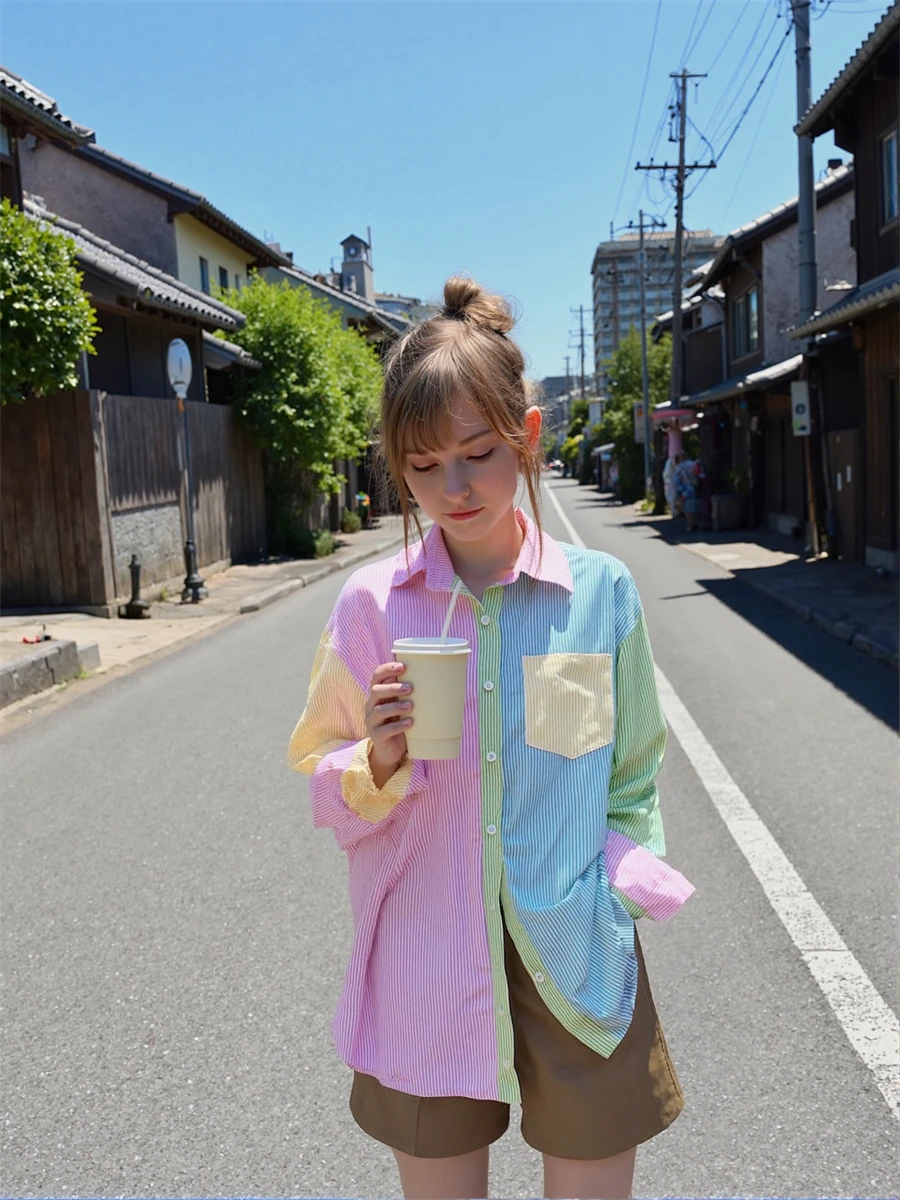 

Korean Candy Color Women’s Shirt with Striped Patchwork Lightweight Material and Long Sleeves for Daily Wear or Street Style