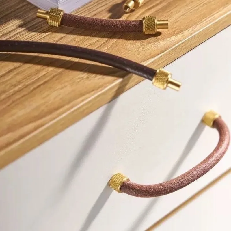 Brass + Leather Cabinet Pulls Handle Eco-friendly Modern Cabinet Door Drawer Furniture Hardware Handle Nordic