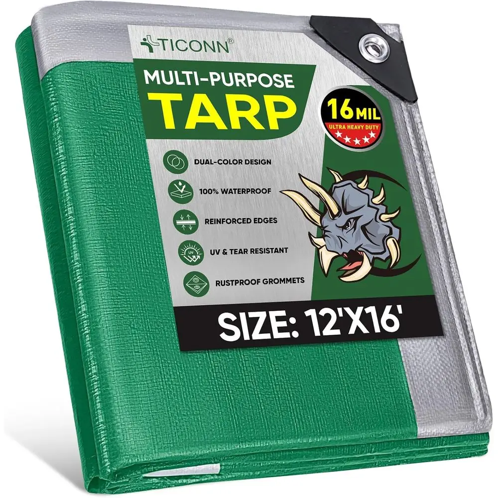 

Rugged 16 Mil Thick Waterproof UV-Resistant Tarp with Reinforced Grommets and Edges (12'x16')