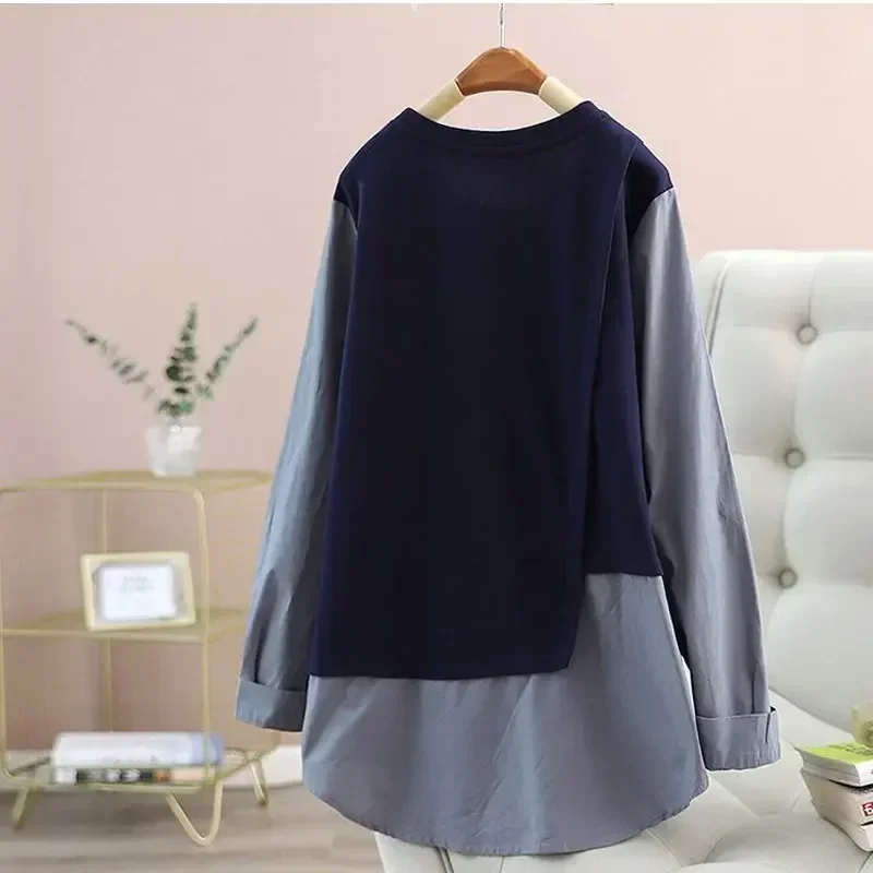 

Повседневная женская блузка с круглым вырезом, в стиле пэчворк, модная, асимметричная, весна-осень, с эффектом двухслойности, на пуговицах, свободного кроя, для офиса