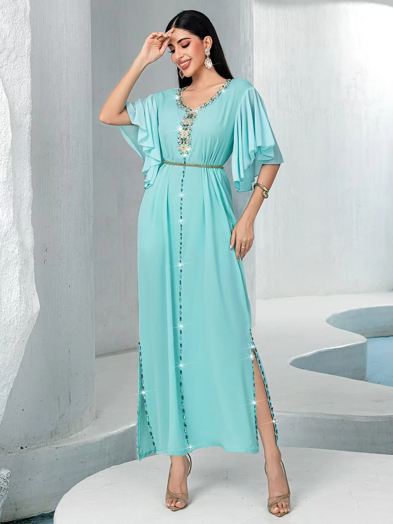 

Ele Handmade Diamond Studded Long Dr Middle East Faion High Waist A-Line Skirt ort Sve Deep V Ne Daily Wear