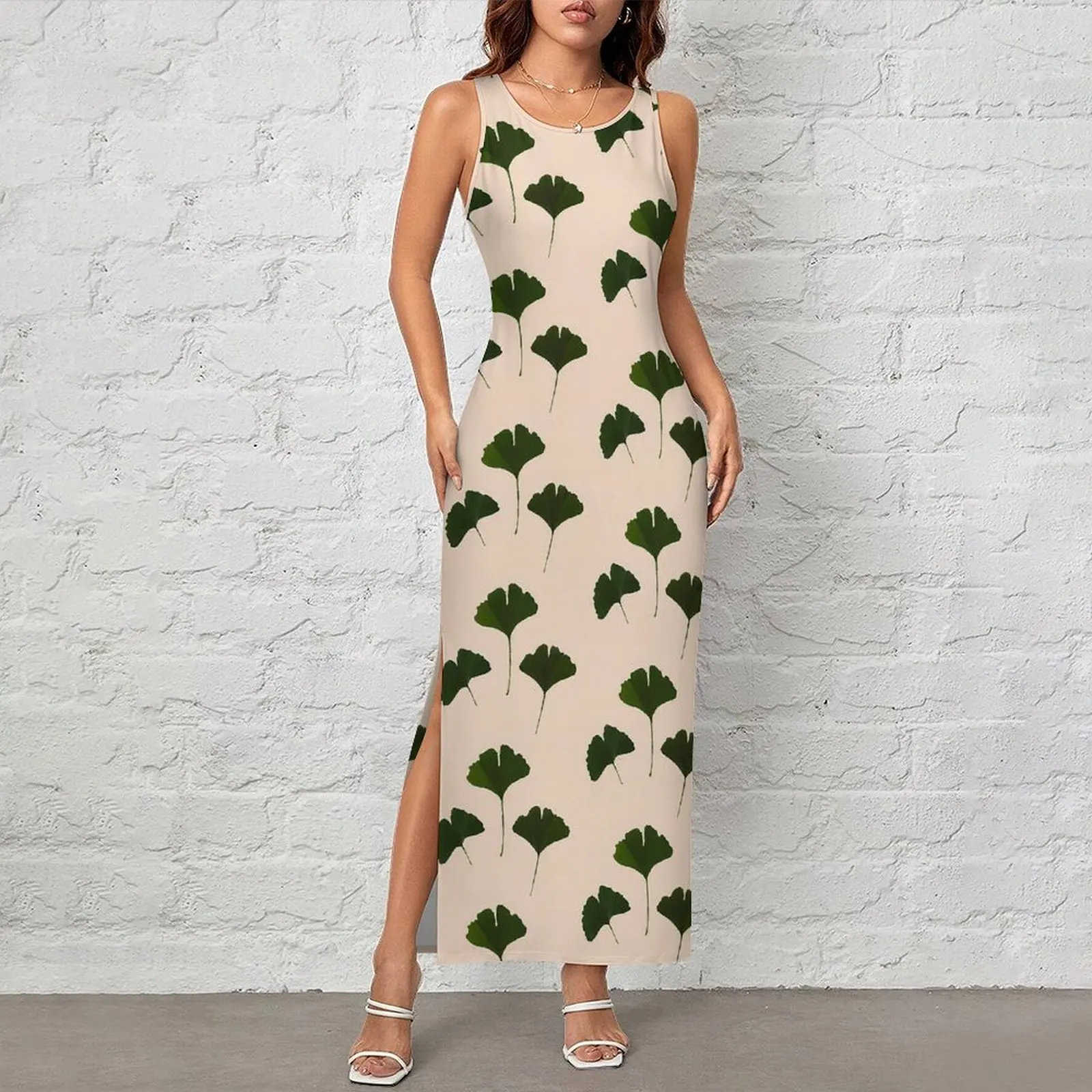 Ginkgo Biloba Dress Sleeveless Black Leaves Print Aesthetic Maxi Dresses Club Sexy Bodycon Dress Women Graphic Oversize Vestidos