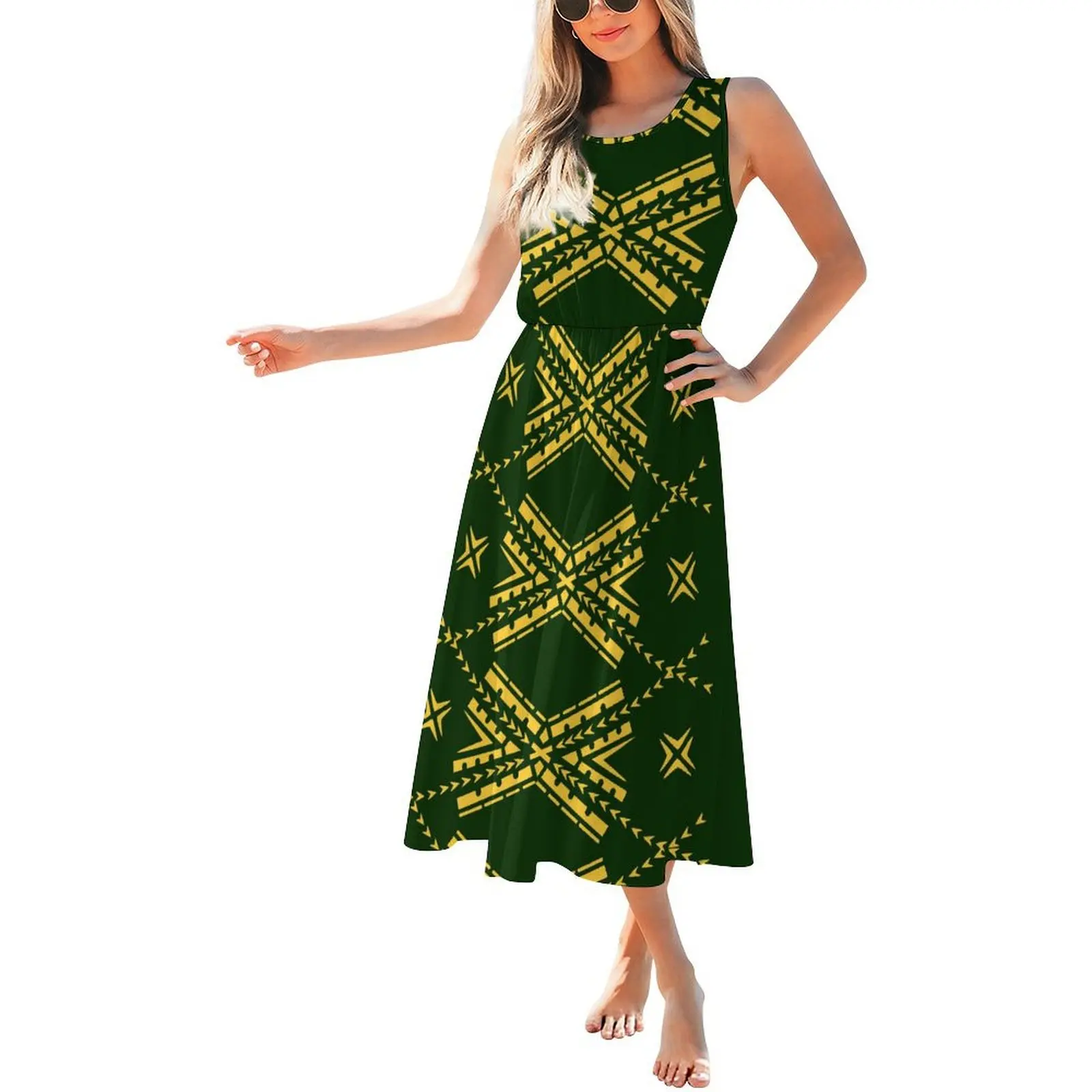 سعر المصنع فستان مخصص للسيدات Pacific Isalnd Art Design أزياء جولة الرقبة بلا أكمام فستان تصميم جزيرة عيد الفصح #2