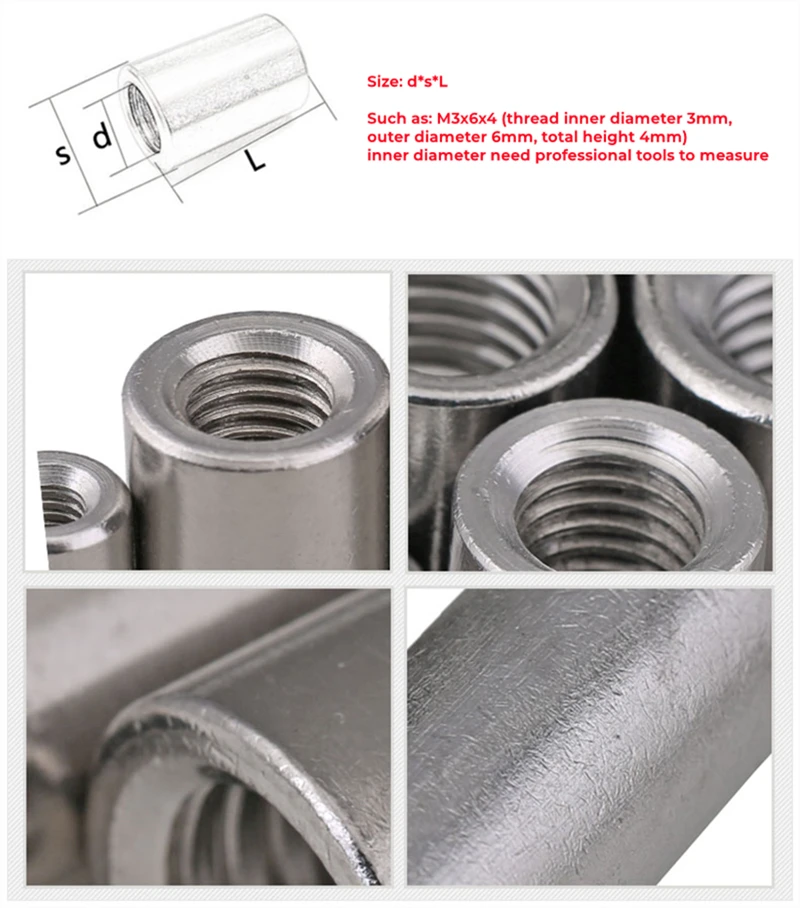 M3 M4 M5 M6 M8 M10 M12 M14 M16 304 Stainless Steel Extend Long Lengthen Round Coupling Nut Sleeve Tubular Nuts Joint Sleeve Nut