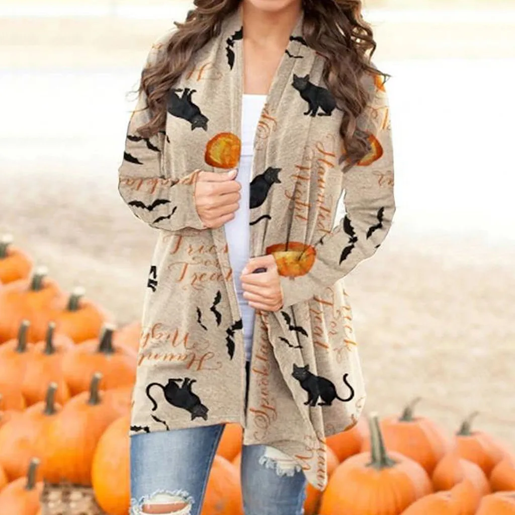 Halloween Women Casual Print Long Sleeve Open Loose Cardigan Coat Lightweight Cardigan Sweaters for Women