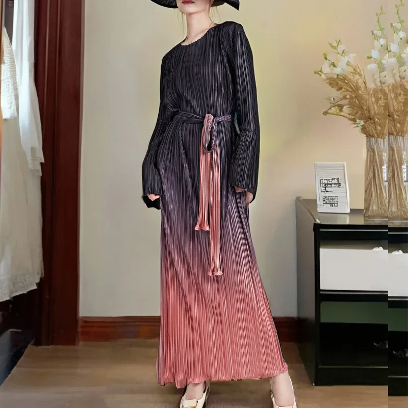 SMVP 여성용 원피스 라운드넥 플레어 슬리브, 그라데이션 컬러, 레이스업 디자인, 루즈한 대형 마당, 캐주얼 이브닝 파티 드레스, 패션