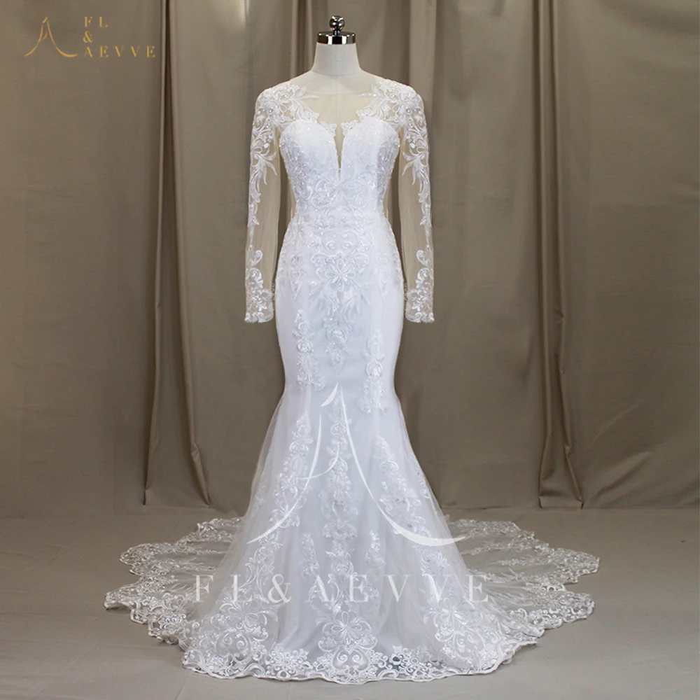 فستان زفاف FL&AEVVE Boho شفاف حورية البحر مع دانتيل كلاسيكي مزين بأكمام طويلة فستان زفاف أنيق لحفلات الزفاف #4