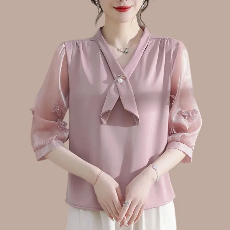 

Women's Chiffon Blouse with Bow Detail Butterfly Embroidery