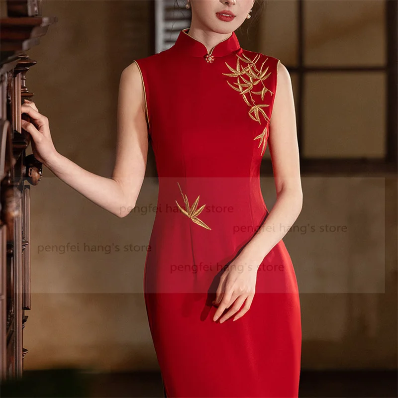 

2025 Summer New Chesongam Sexy Sleeveless Qipao Women Chinese Style Bride Wedding Dress Luxury Embroider Bamboo Robe De Soiree