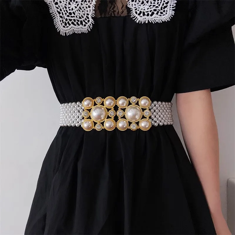 Women's Fashion Pearl Knitted Elastic Corset Female Cummerbund Coat Waistband Dress Decration Wide Belt  J309