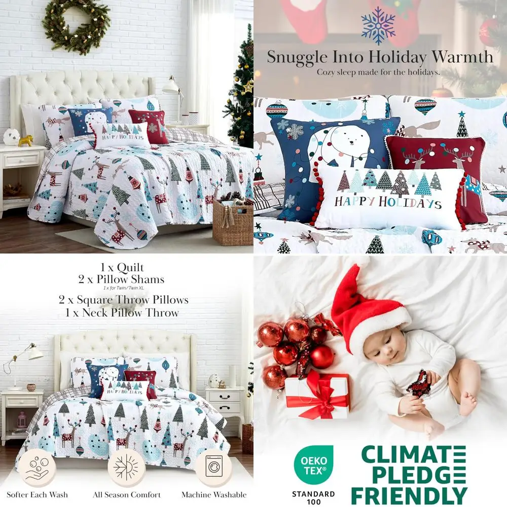 

Christmas Quilt Set 5-Piece Twin/XL with Throw Pillows & Shams, Festive Holiday Bedding for Cozy Nights