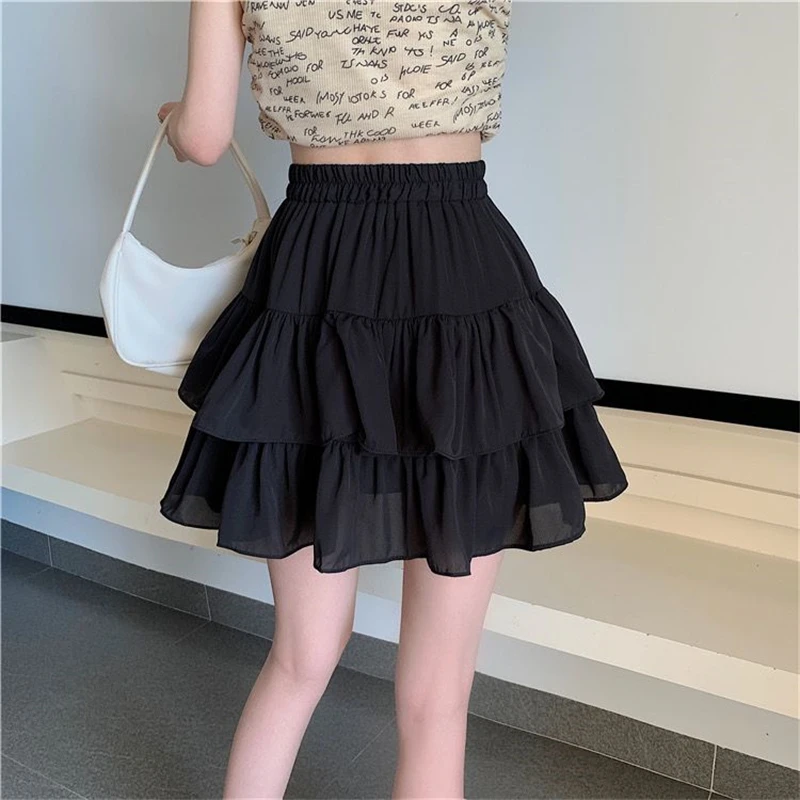 2024 Summer Women Trendy Double Layer Ruffle Sexy Mini Skirts Female Y2K Solid High Waist Cute Sweet Fairy Pleated A-line Skirt