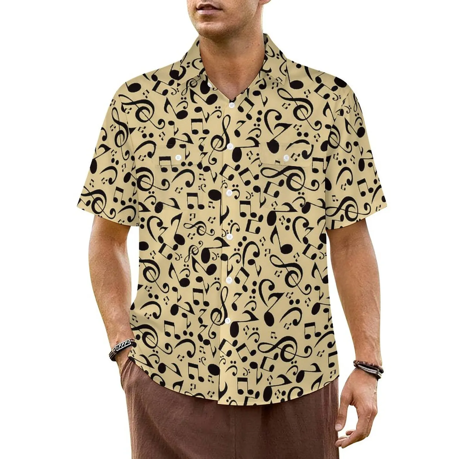 

Hawaii Shirt Beach Music Notes Blouses Yellow And Black Classic Casual Shirts Men Short Sleeves Streetwear Oversized Clothing