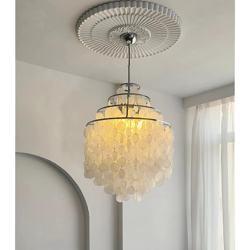 

Nordic French Living Room Dining Room Pearl Shell Chandelier Vintage Study Bedroom Wind Chime Light