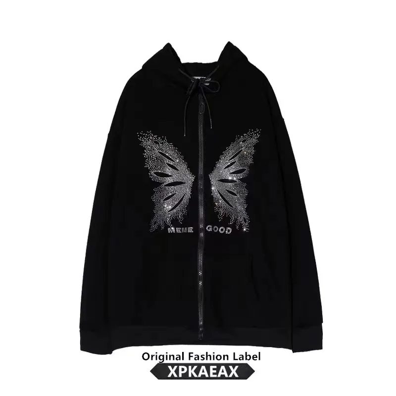 Velvet Women Thicken Hoodie Top New Autumn Winter Hot Drilling Butterfly Letters Hooded Zip Cardigan Unisex Black Sweatshirts