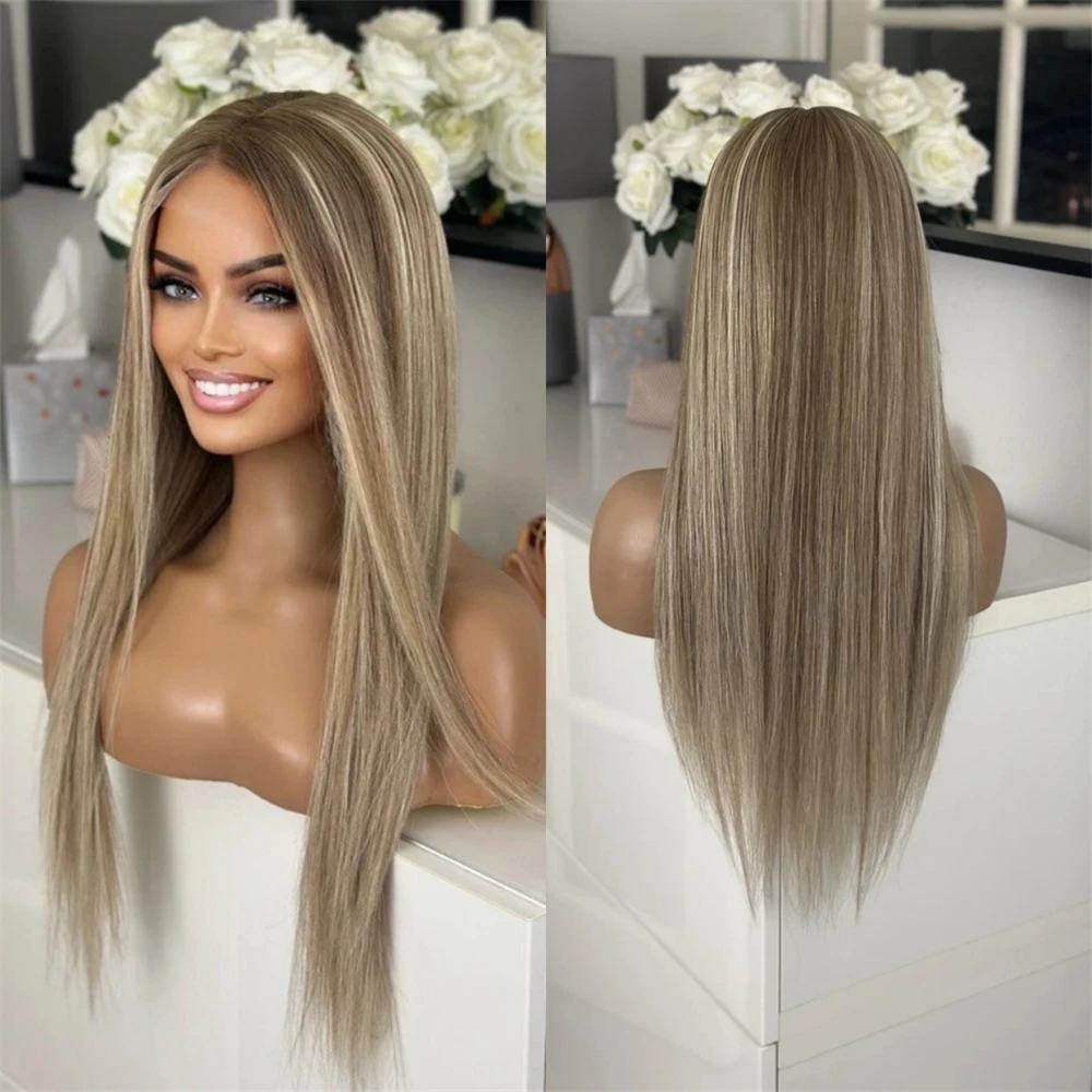 New In Soft Long Straight Wig 13x4 Free Part Ombre Blonde Brown Wig Synthetic Lace Front Wig for White Black Women Glueless 26''