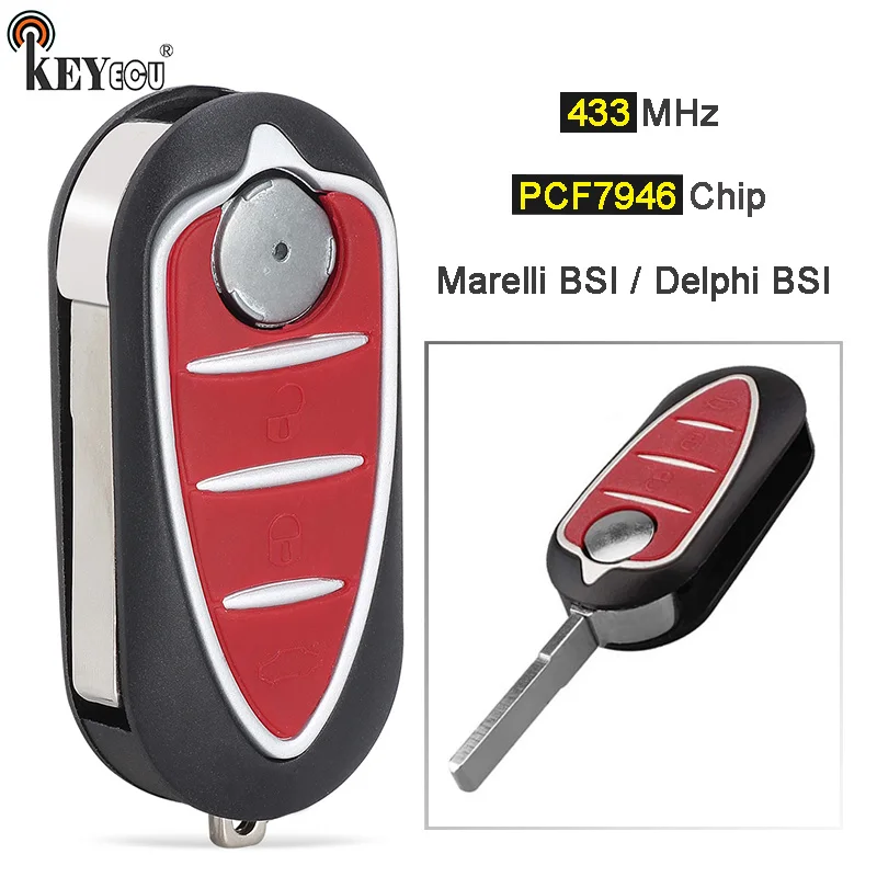 

KEYECU 433MHz PCF7946 Chip Delphi BSI / Marelli BSI Flip Remote Key Fob 3 Button for Alfa Romeo Giulietta Mito 2008-2016