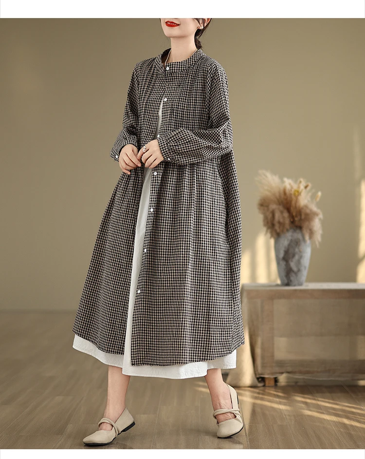 2026 Spring Loose Pregnancy Shirts Shoulderless O-neck Maternity Plaid Blouses Plus Size Cotton Linen Pregnant Women's Clothes