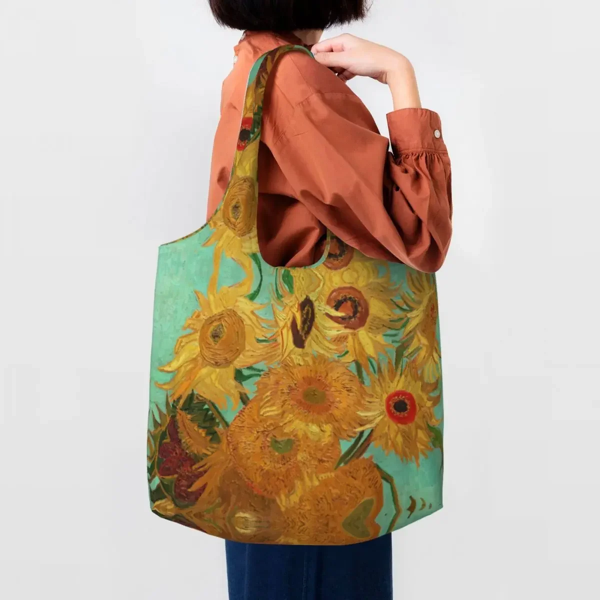 

Vincent Van Gogh Twelve Sunflowers Grocery Shopping Bag Cute Printed Canvas Shopper Tote Shoulder Bag Capacity Portable Handbag