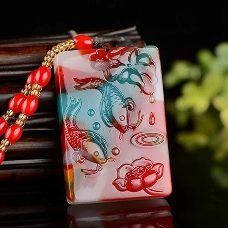 

Natural Colorful Jade Hand-carved Chicken Blood Color Pisces Pendant Fashion Boutique Jewelry Men and Women Necklace Gift