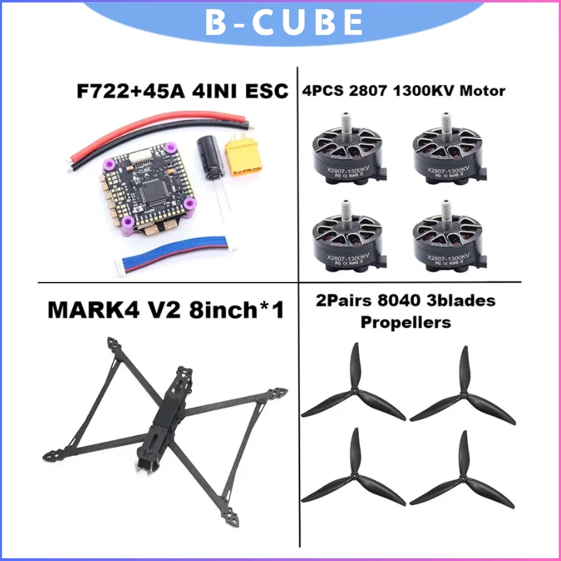 

B-CUBE Mark4 V2 F722 BNF FPV Drone, 8/9/10 Inch Carbon Fiber Frame with 4in1 ESC for Long Range Freestyle