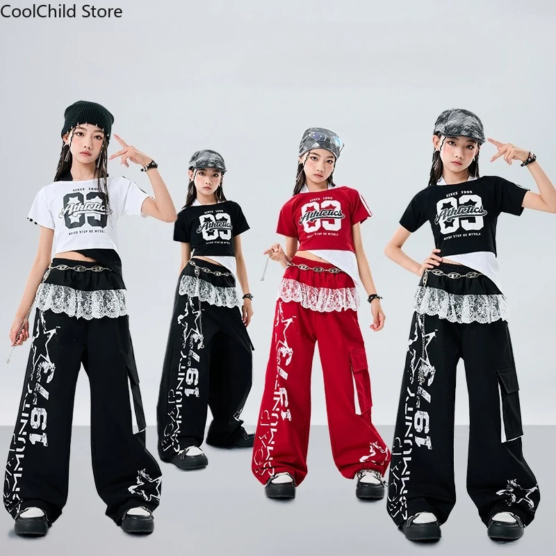 

Girls K-pop Numbers Crop Top Lace Cargo Pants Kids Hip Hop Streetwear Children Jazz Costume Girl Group Street Dance Clothes Sets