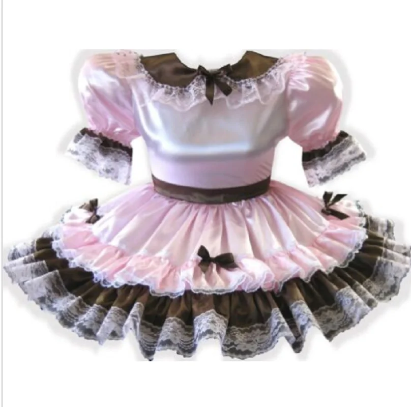 Pink glossy smooth satin cute doll collar patchwork black lace inlaid edge short sleeved waist tied dress