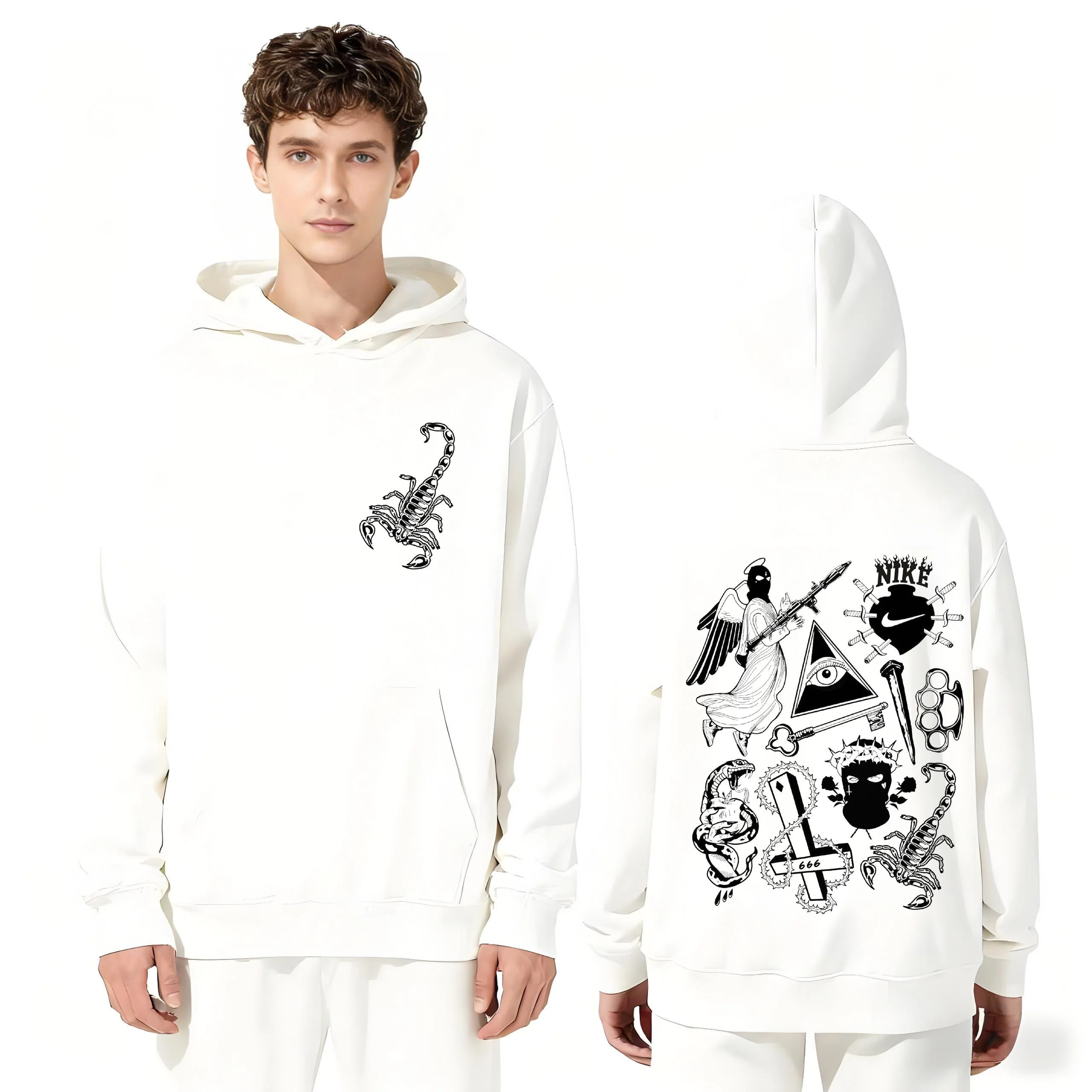 سترة Y2K العصرية الجديدة لعام 2025 بوزن 330 جرام بغطاء للرأس مريح وفضفاض مع طراز فاسق ومطبوعات إبداعية داكنة