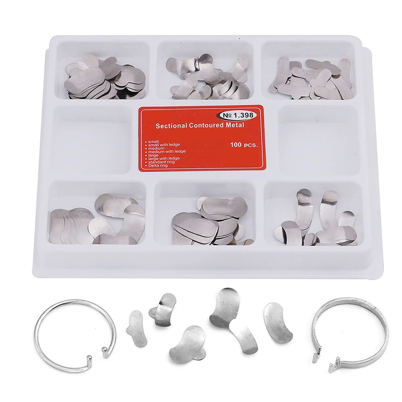 100Pcs Dental Sectional Contoured Matrices Matrix Bands 35 with 2 Rings Supplies No.1.398 Matrix Band Forming Clip