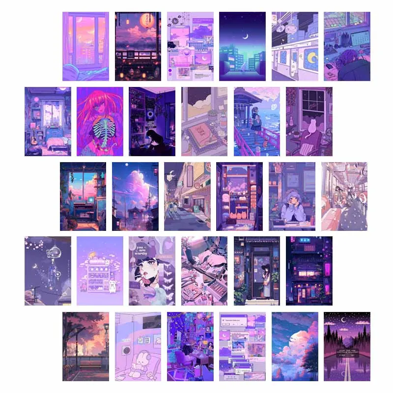 10/30PCS Purple Lofi Aesthetic Wall Collage Kit Prints Retro Cartoon Scene Art Pictures Dorm Room Decor Y2k Floral Smile Poster