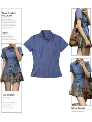 Sweet Cool All-match Blue Plaid Shirts Women Y2k Retro E-Girl Loose Short Sleeve Blouses 2024 Summer New Lapel Neck Blusas Mujer