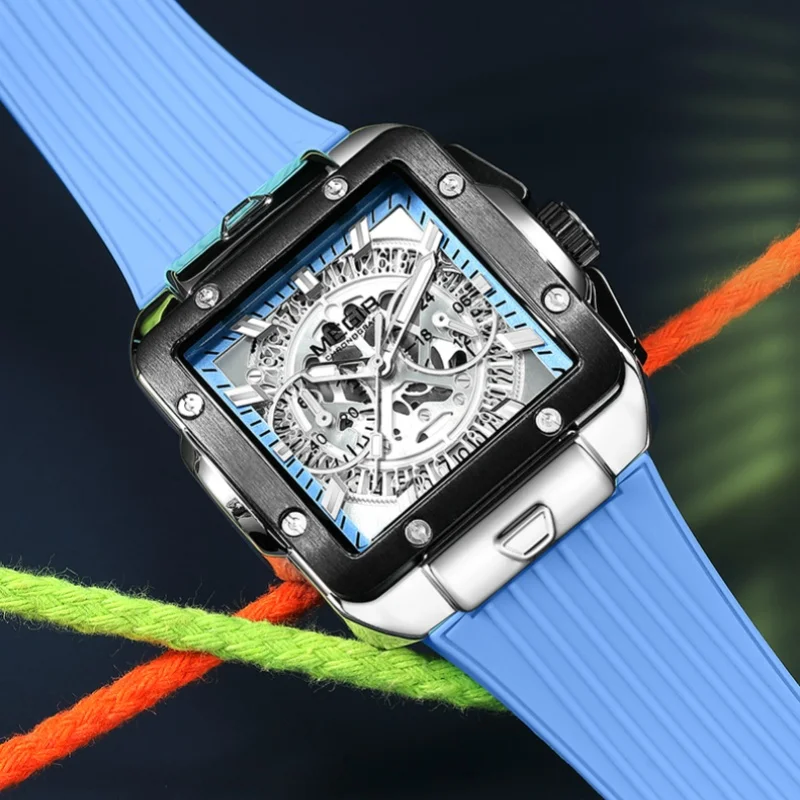 Reloj MEGIR 2228 de cuarzo a la moda para hombre, esfera cuadrada, correa de silicona, cronógrafo multifunción resistente al agua, relojes deportivos luminosos para hombre