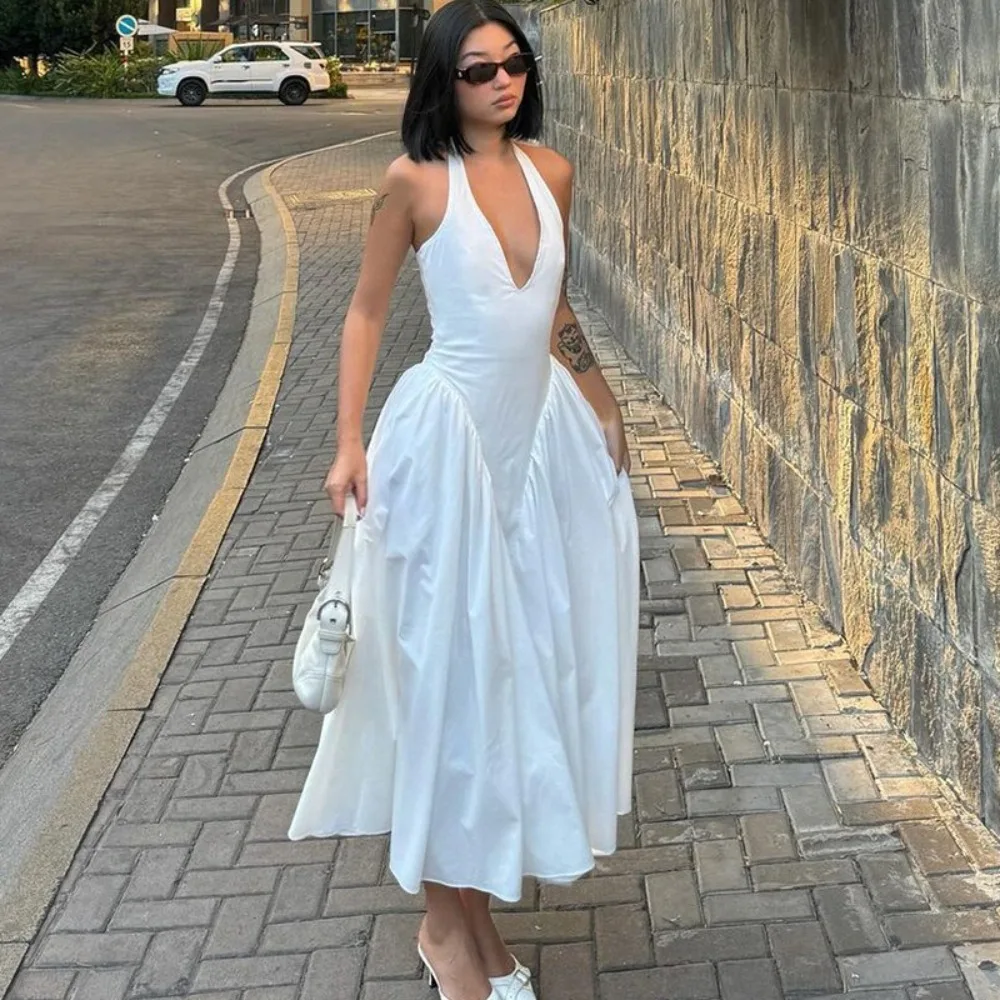 Elegant Solid Color Maxi Dress Neck Hanging V-neck Camisole Dress Sleeveless High Waisted Halter Dress Street