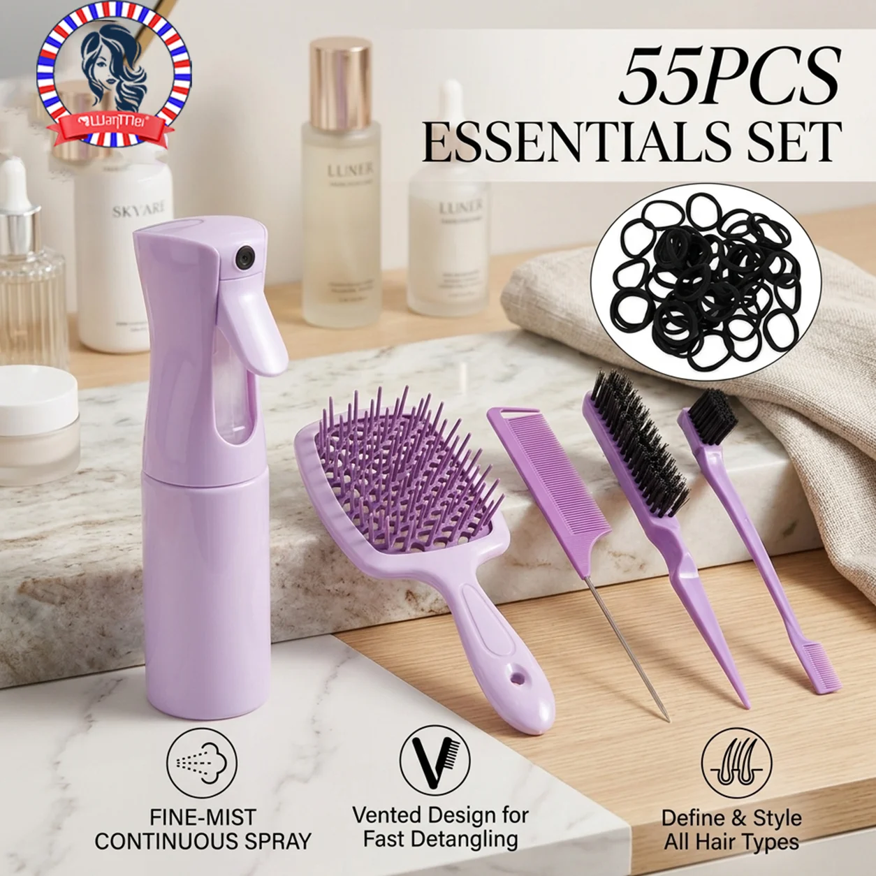 

55PCS Hair Styling Set Detangler Brush with Spray Bottle Elastic Hair Bands Rat Tail Comb Edge Brush for Women All Hair Types