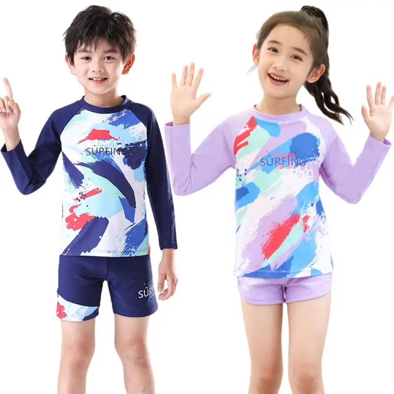 

2 Piece Rashguard Swimsuit Bathing Suit UPF 50+ Sun Protection Swimwear Girls' Long Sleeve Printed Bathing Suits 3-14 Years