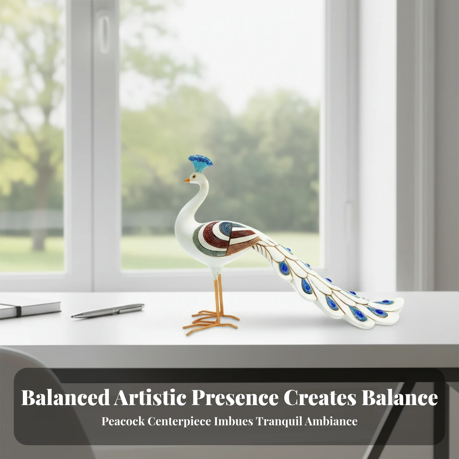 Peacock Figurine Layered Feathers Decorative Peacock Statue Orange Legs Gold Outline for Tabletop Display
